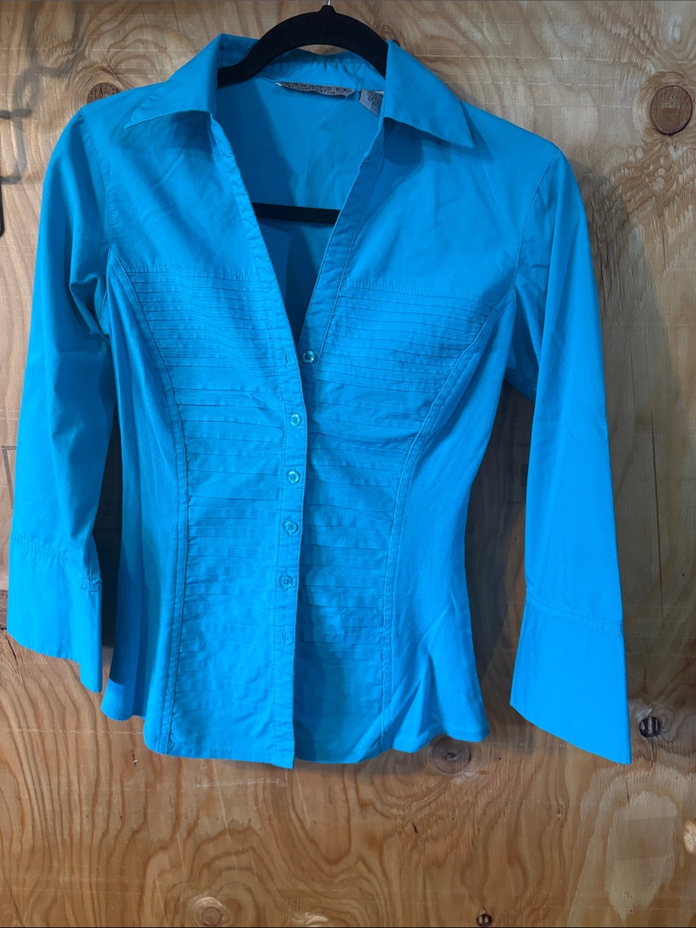 Larry Levine Bright Turquoise Button-Front Collared Shirt 3/4 Sleeves